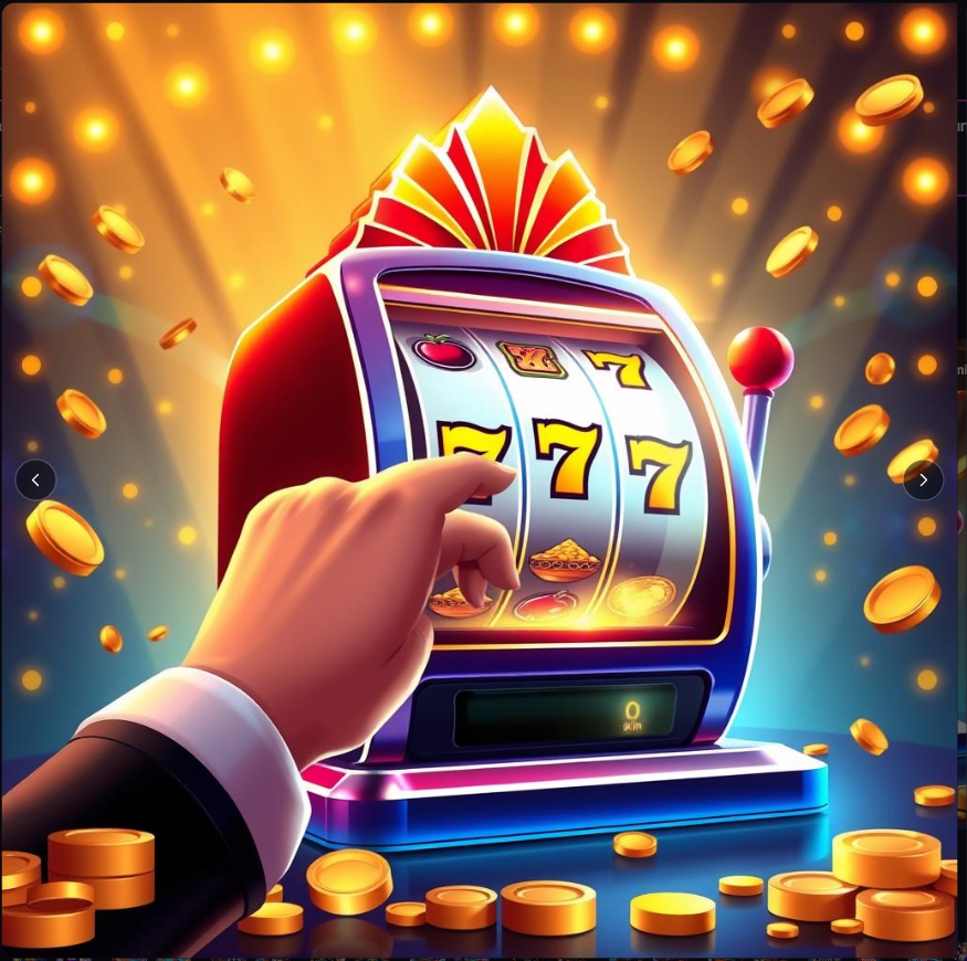 "Buat ilustrasi Tips Slot Gacor dengan konsep panduan menang di kasino online. Tampilkan mesin slot dengan gulungan berwarna cerah dan simbol keberuntungan seperti 7, buah, dan jackpot emas, tangan pemain menunjuk ke tombol spin, efek cahaya neon kuning dan merah, latar belakang virtual modern dengan grafik kemenangan dan koin berjatuhan, suasana seru dan interaktif, gaya realistik modern, resolusi tinggi, cocok untuk banner, artikel, atau thumbnail edukatif."